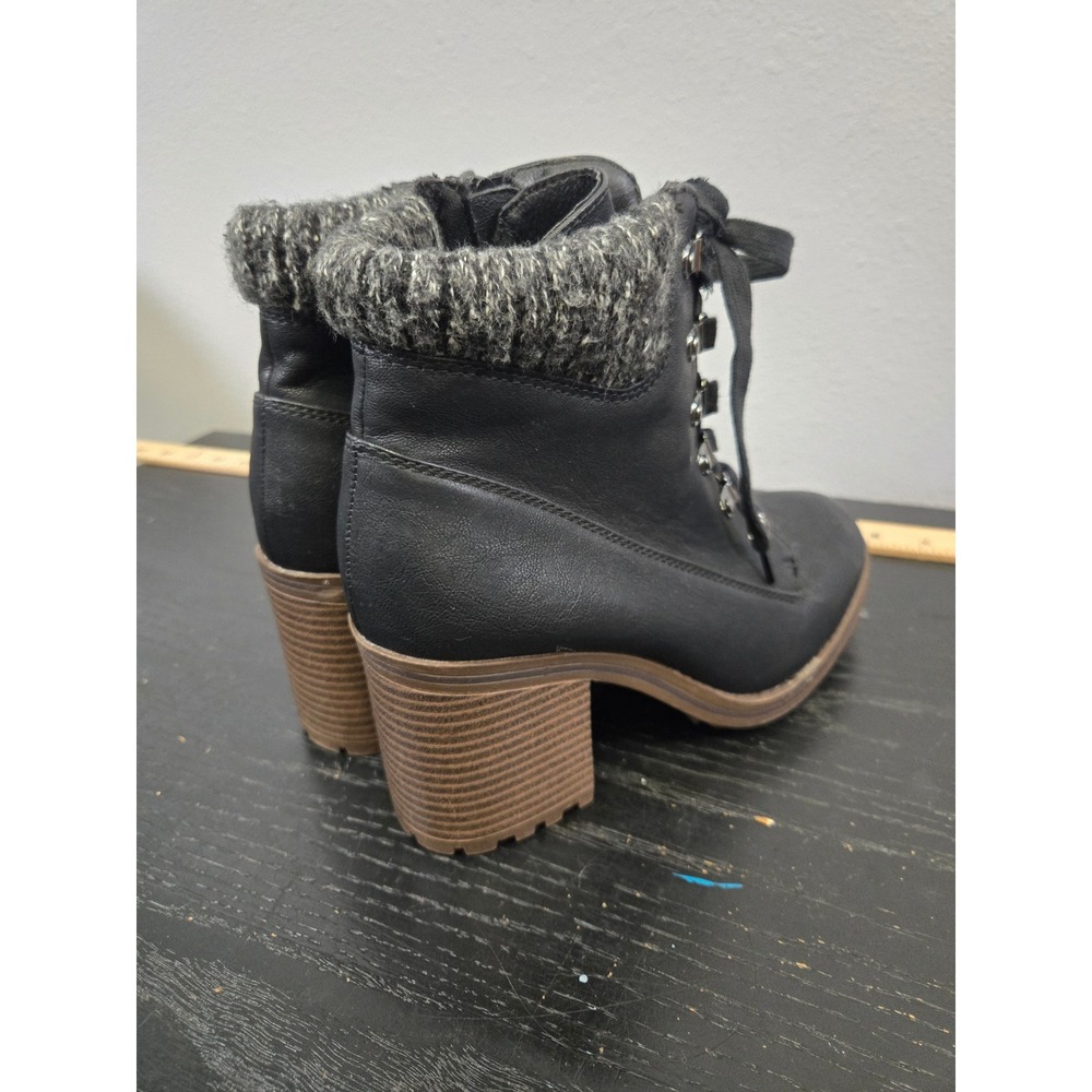 Brash Combat Renz Black Faux Leather Knit Collar Lace Up Block Heel Boots 7.5M